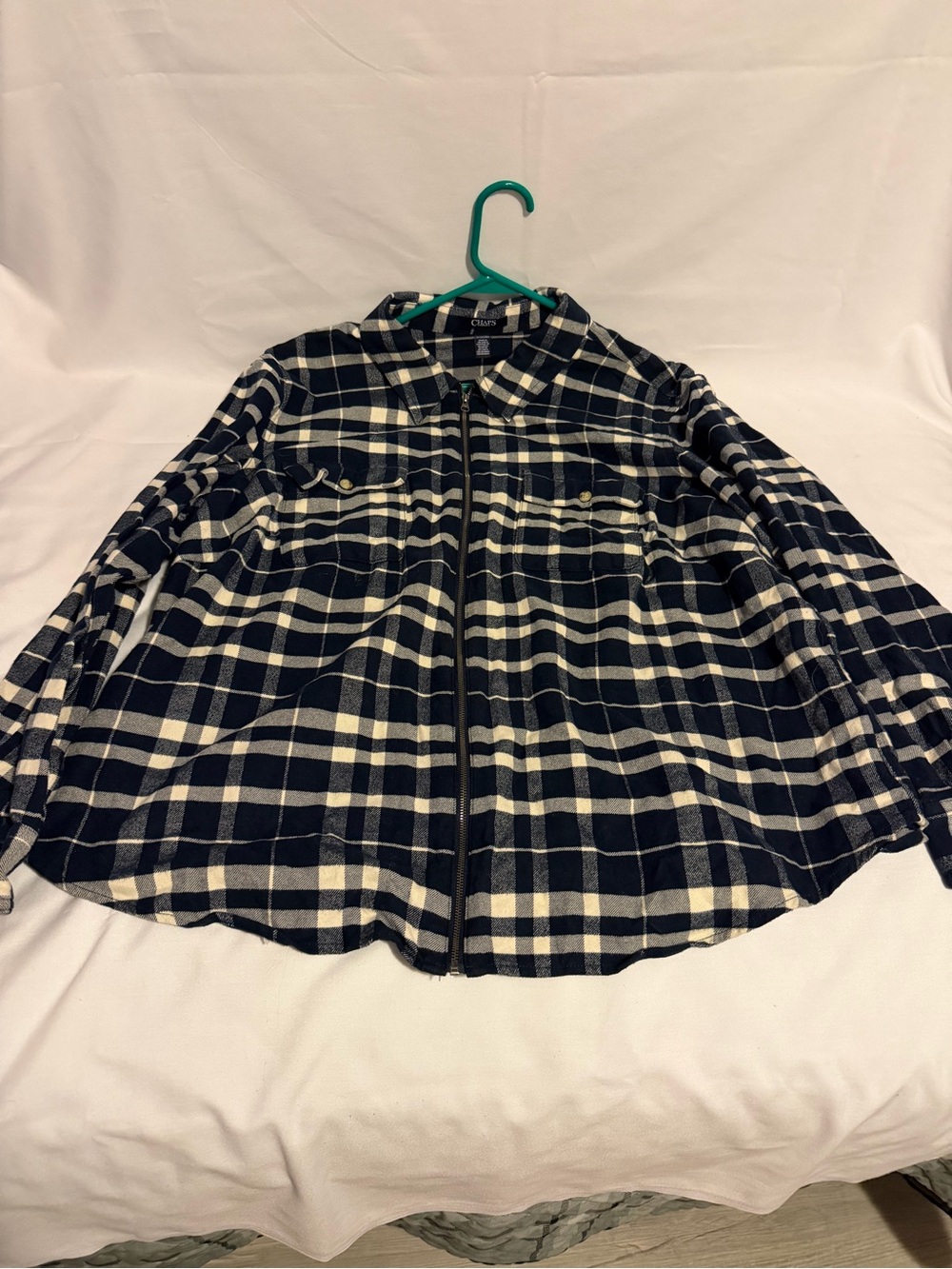 Chaps Navy & White Plaid Zip-Up Flannel Shirt